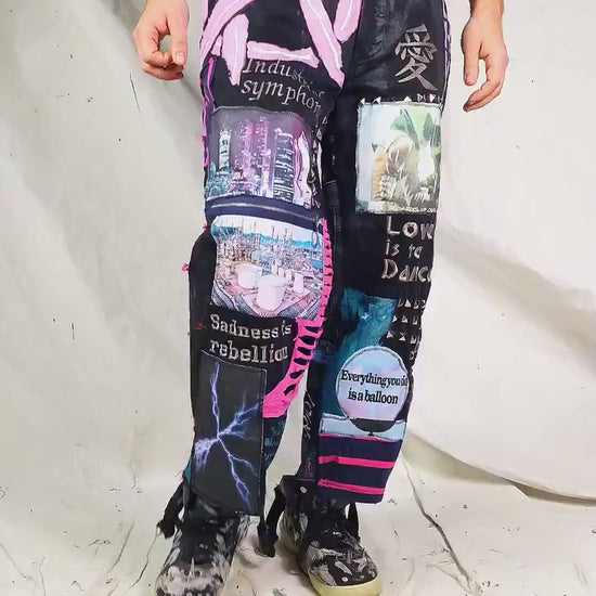 Custom handmade alien futuristic cyber punk techwear distressed robot dance techno music industrial rock crust festival pants vegan cyber