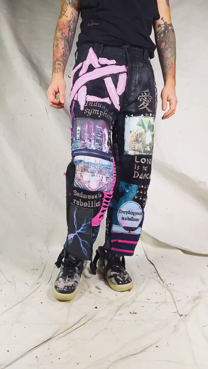 Custom handmade alien futuristic cyber punk techwear distressed robot dance techno music industrial rock crust festival pants vegan cyber