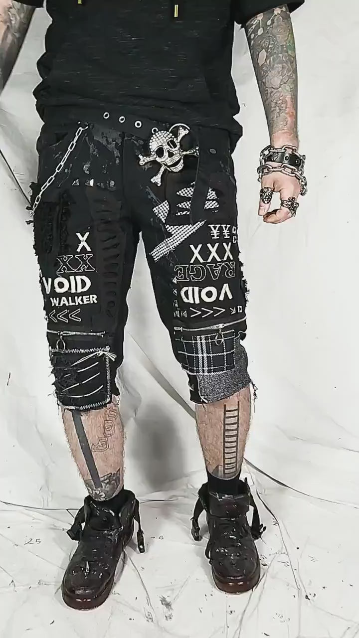 Custom handmade shorts punk rock goth emo metal cyber dark ripped weird chain crust summer festival cyber jorts jeans